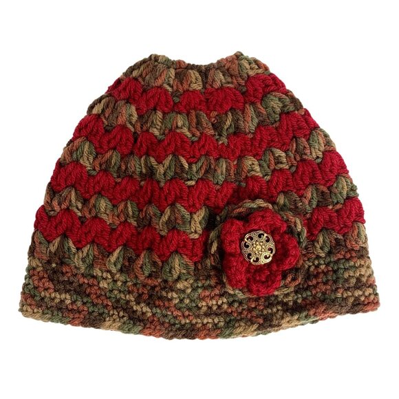 Handmade Crochet Ponytail Beanie Hat 3D Button Flower Red / Green Knit For Women - Picture 1 of 4